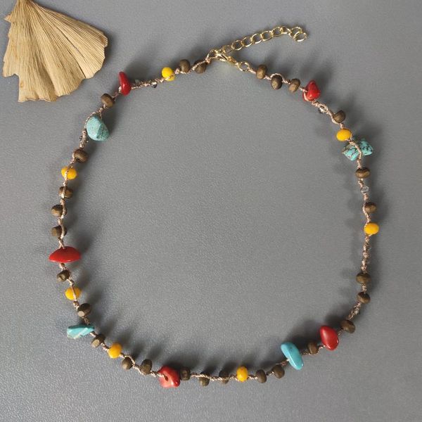 

chokers bohemian beautiful colored stone necklace handmade superimposed fashion wild jewelry travel holiday ethnic style short, Golden;silver