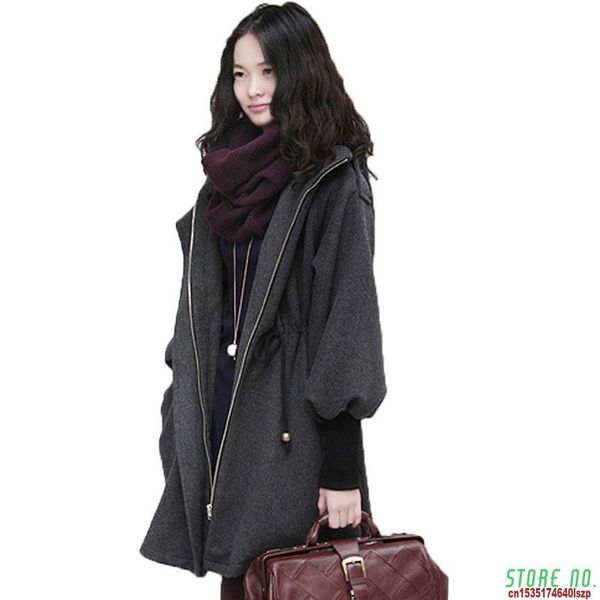 

women's woolen coat korean version large size loose casual woolen windbreaker autumn winter cashmere outerwear gray jacket a548, Black