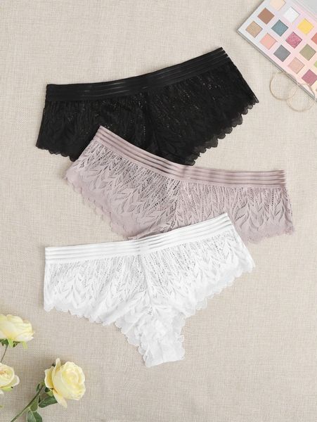 

3pack plus contrast mesh floral lace panty u49j#, Black;white