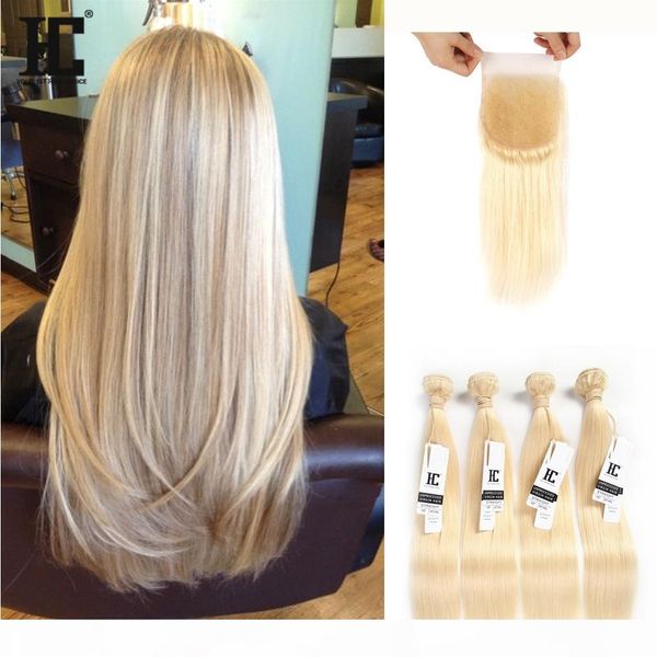 

hc 5pcs lot virgin peruvian blonde hair with closure bleached knots straight 613 honey blonde hair bundles with lace closure, Black