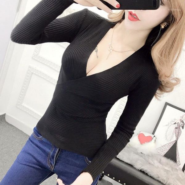 

autumn long sleeve sweater cross v neck knitted sweater women sweaters fashion pullovers rk1, White;black