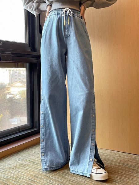 

dazy drawstring waist button hem jeans d5sx#, Blue