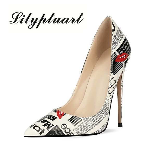 

european and american fashion banquet high heels hip hop letters graffiti shallow mouth pointed large size stilettos 34-45 t200723, Black