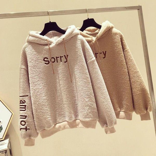 

new cashmere furry hoodies women winter spring warm letter hooded sweatshirts fashion solid loose hoody pullovers ladies, Black