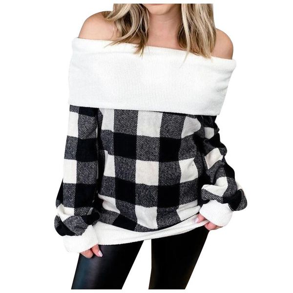 

#60 fashion women off shoulder lapel plaid printing long sleeves blouses sweatshirt female streetwear elegant sudadera, Black