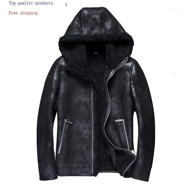 

men's leather jacket winter real genuine leather jackets hooded sheepskin coat short vintage natural wool fur coats 2020 7110-11, Black