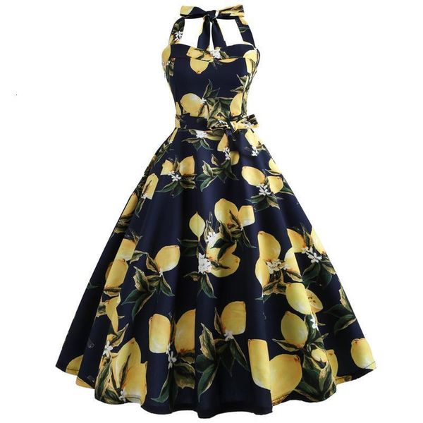 

halter dress summer women 2018 lemon floral print belt robe femme elegant vintage dresses retro rockabilly prom party dress, Black;gray
