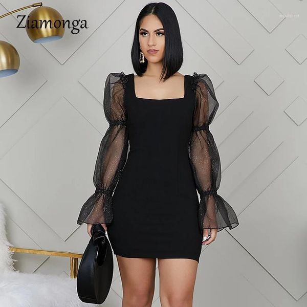 

ziamonga fashion puff sleeve black dress women patchwork elegant party dress bodycon autumn winter dresses slim vestidos1, Black;gray