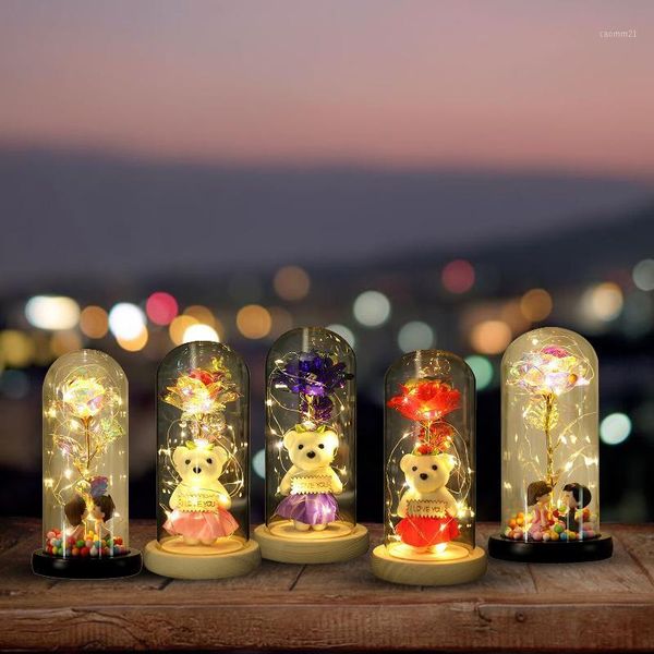 

2021 led galaxy rose eternal 24k gold foil flower with fairy string lights in dome for christmas valentine's day gift dropship1