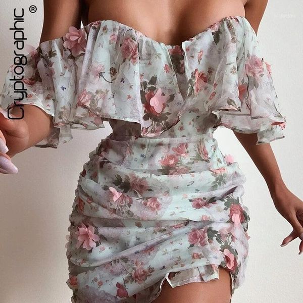 

cryptographic off shoulder 2020 spring floral print ruffles dress elegant strapless ruched dresses backless date party club11, Black;gray