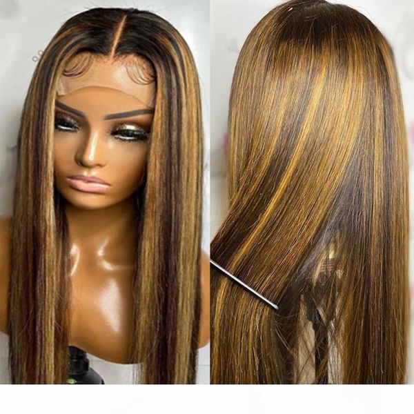 

deep part lace front human hair wig straight highlight color hair pre plucked hairline bleached knots brazilian remy hair, Black;brown