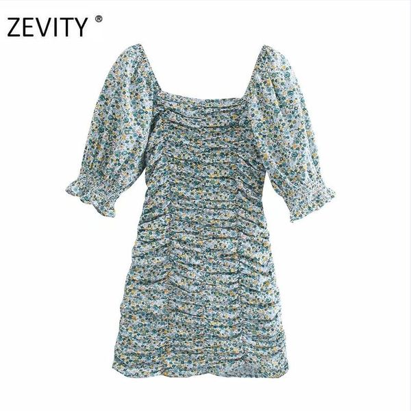 

zevity women fashion square collar floral print pleated short mini dress female puff sleeve slim vestido casual dresses ds4194, Black;gray