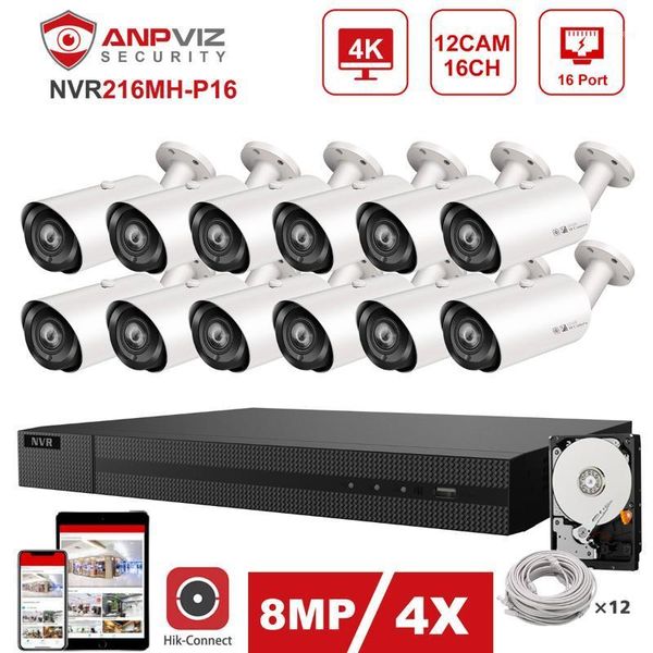 

hikvision oem 16ch 4k nvr anpviz 8mp 4x poe ip camera system indoor/outdoor 12pcs ip camera security system kit ip66 30m1