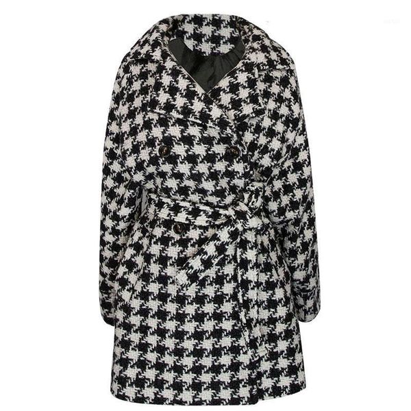 

perhaps u vintage england style turn down collar laced houndstooth woolen coat c30071, Black