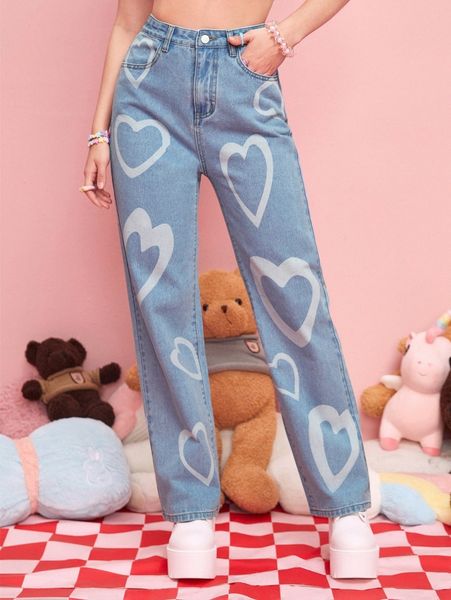 

romwe heart graphic straight leg jeans a7nm#, Blue