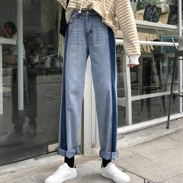 

2021 new color from the contrast of vintage blue woman high waist broad leg femme casual cowboys mujer jeans streetwear 38fb