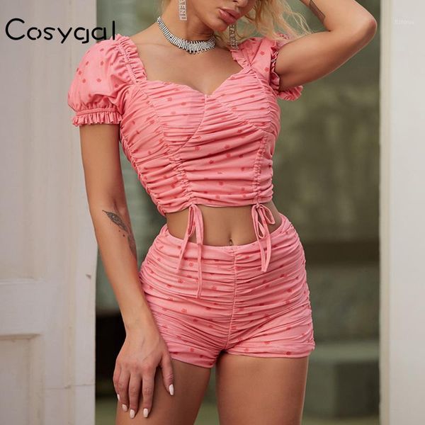 

cosygal mesh two piece set crop and shorts summer 2 piece set women tracksuit polka dot pleated female outfits 20201, Gray