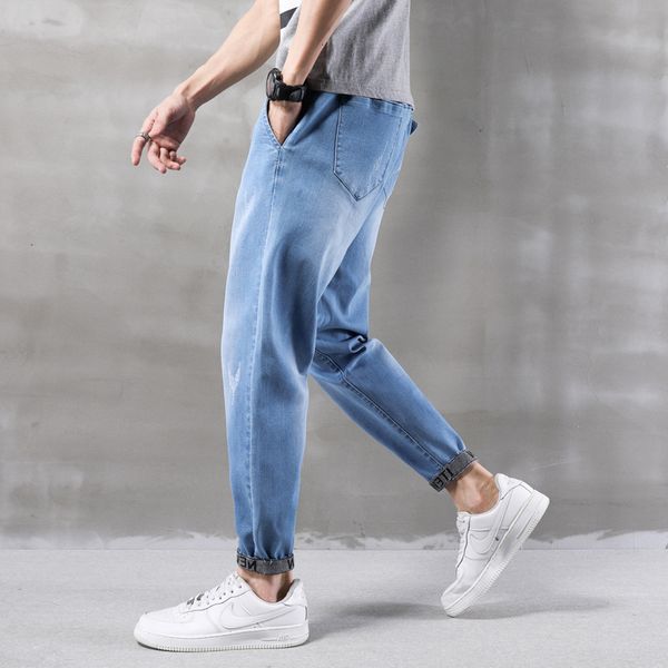 

2020 spring new pierced jeans young men's fashion loose rope elastic waist korean harem pants, Blue