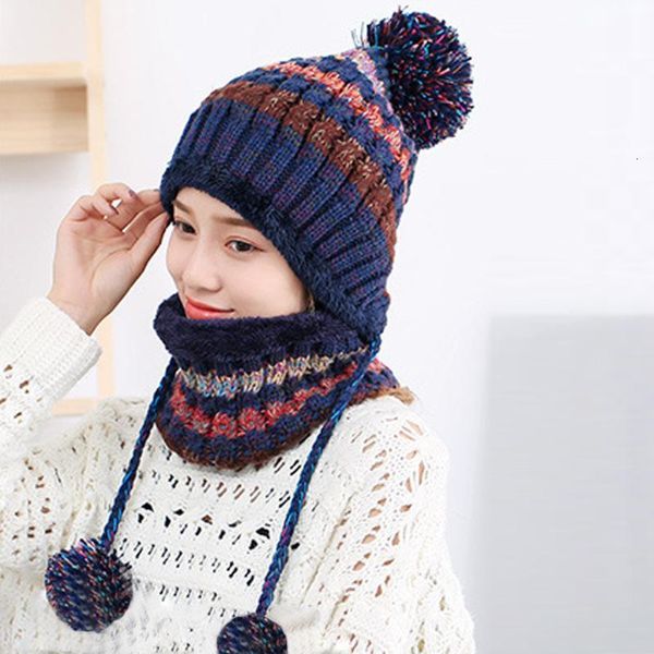 

caps women multi-function patchwork warm thickened mask scarf hat two piece suit multicolor female skullies mulheres chapéus