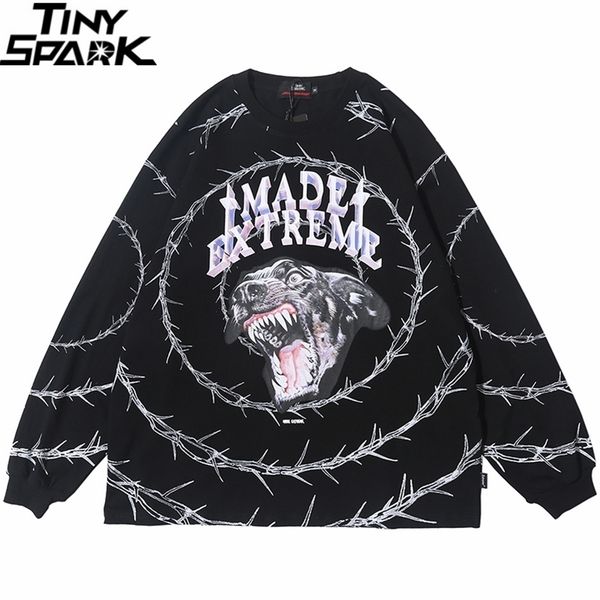 

men hip hop t shirt streetwear angry dog print harajuku tshirt loose hiphop oversize t-shirt long sleeve tees cotton 201116, White;black