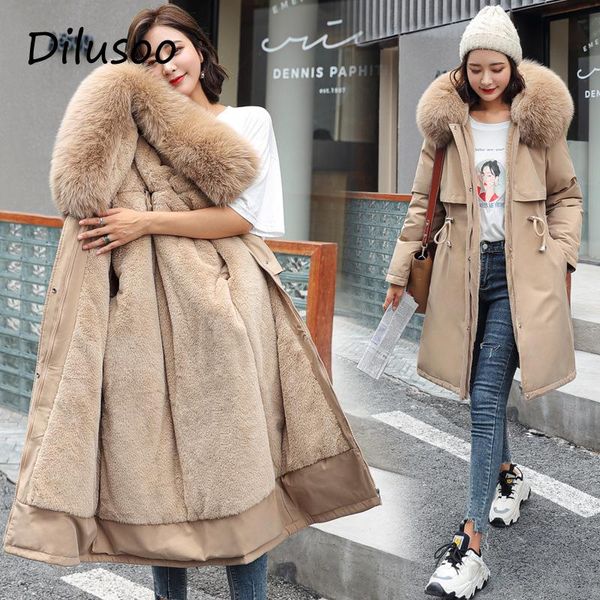 

women's down & parkas dilusoo 2021 cotton liner parker parka fashion adjustable waist fur collar winter jacket women solid long hooded, Black