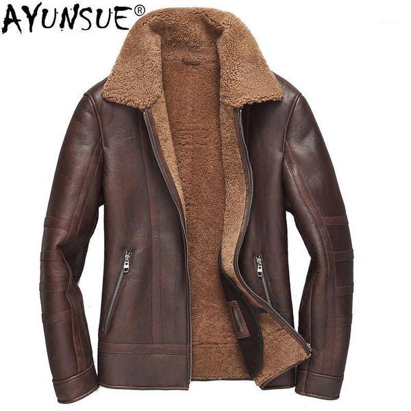 

ayunsue short genuine leather jacket men sheep shearling coat luxury mens sheepskin coat wool fur jackets man 2019 kj12791, Black