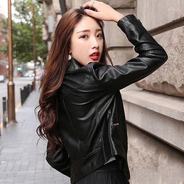 

fashion brand high-end women's small leather short lapels jacket female students spring autumn pu wild leather jacket women1, Black