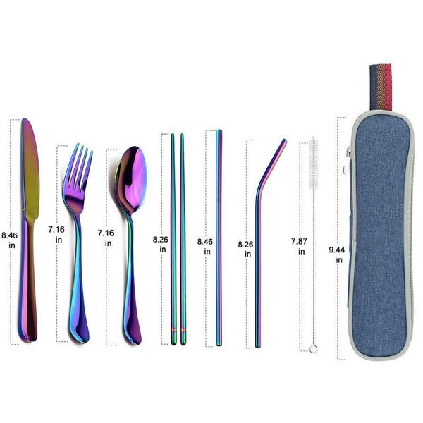 

travel hiking dinnerware set with reusable metal straw cutlery stainless steel spoon fork chopsticks silverware portab qylnbx
