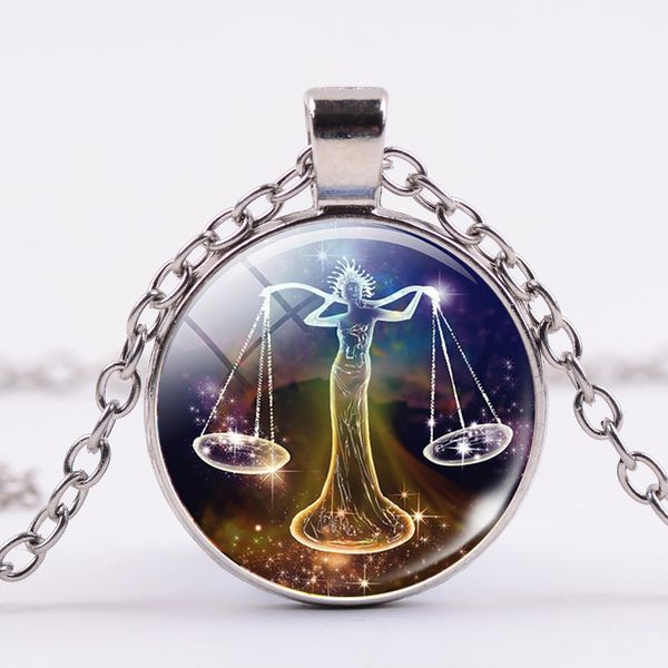 

12 zodiac signs necklace leo 12 constellation galaxy design horoscope astrology crystal pendant for women men family gift, Silver