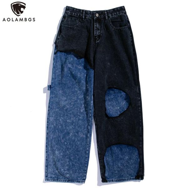 

aolamegs jeans men patchwork patch hole ripped jeans hip hop casual fashion streetwear vintage harajuku baggy denim pants couple, Blue