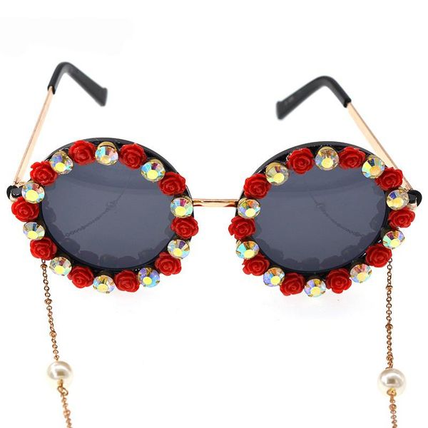

sunglasses oversize women fashion design beautifully framed red&white flowers gold color tassel brand designer, White;black