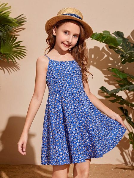 

girls ditsy floral print ruffle hem cami dress she, Red;yellow