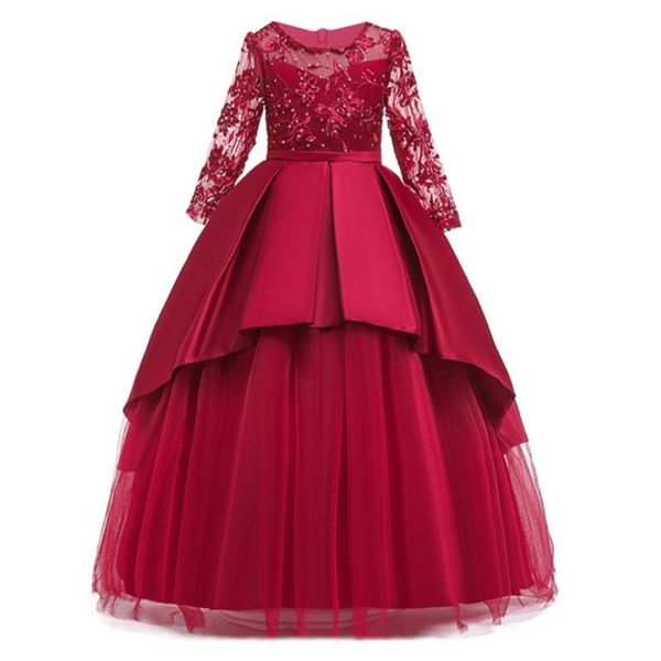 2019 Teen party Girls Abito da sposa a maniche lunghe in pizzo fiore Party Tulle Princess Birthday Dress Gown per ragazze 4-14 anni LJ200923