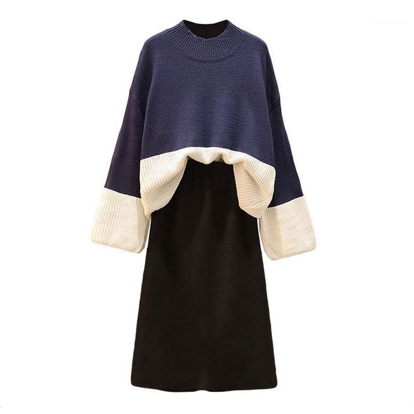 

large size ladies winter knitting loose pullover sweater & long black pleated skirt leisure suit new younger sister matching1, Gray