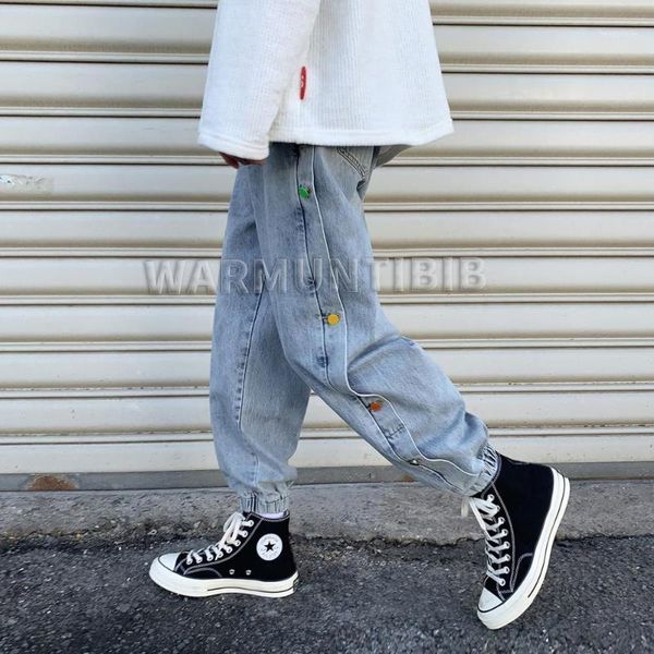 

2020 autumn and winter new men's solid color jeans, color buttons decoration loose casual pants, fashion jeans pants1, Blue