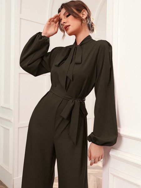 

tie neck bishop sleeve jumpsuit t8hd#, White
