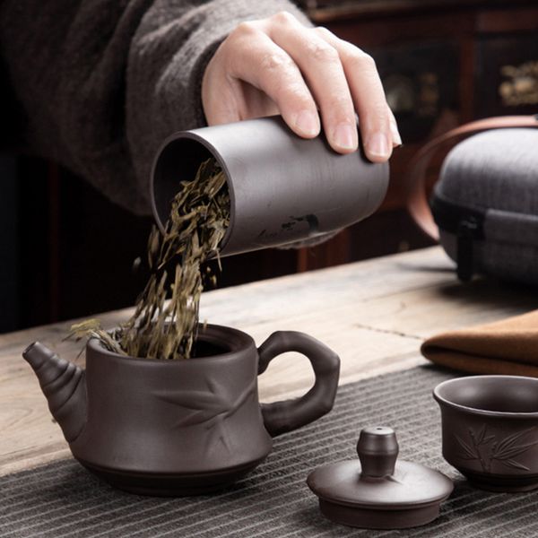 

purple clay teapot 230ml chinese porcelain yixing zisha 4 cups kung fu travel handmade tea pot cup set q1218