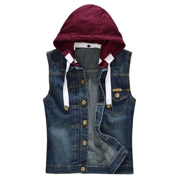 

nice jeans sleeveless jacket men dark blue denim jeans vest men cowboy denim hooded vest mens jackets clothing1, Black;white