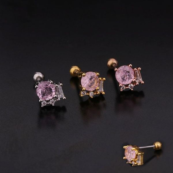 

stud 1 pcs small copper pink zircon geometric sun shape earring trendy steel round ball ear cartilage piercing cuff jewelry, Golden;silver