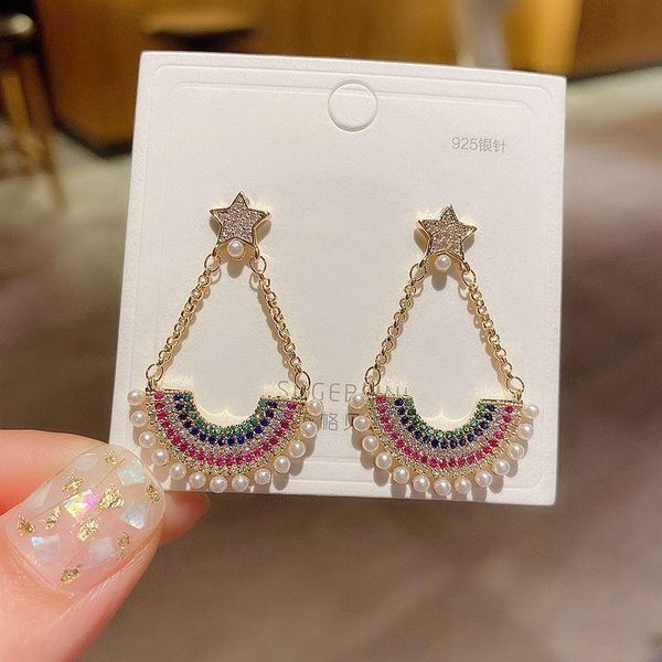 

high-end star rainbow dangle earrings simulated pearl multicolor cubic zircon earrings women jewelry, Silver