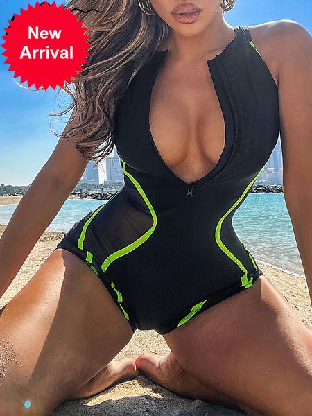 

new sleeveless one piece swimsuit women zipper bathing suit sport swimwear conjunto biquinis feminino trajes de baÃ±o mujer 2022, White;black