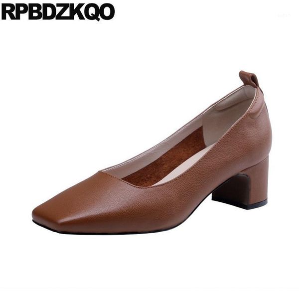 

dress shoes pumps genuine leather chunky brown medium heels slip on size 4 34 runway block square toe fashion 2021 luxury women thick1, Black