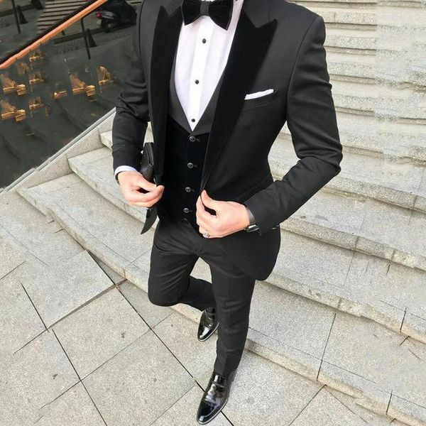 

men's suits & blazers custom black terno masculino slim fit men groom wedding tuxedos peaked lapel with velvet vest coat pants 3piece, White;black
