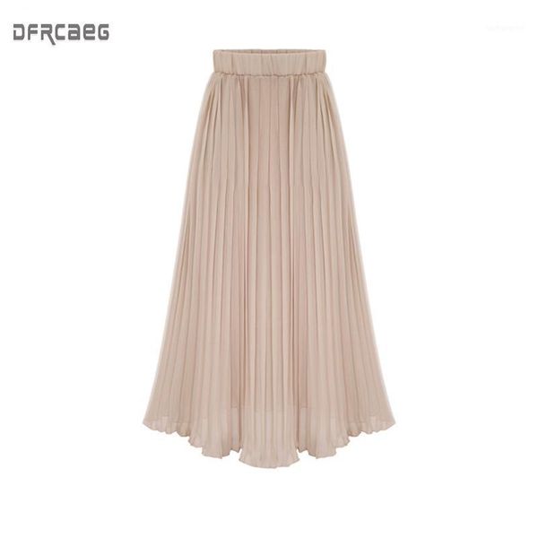 

summer 2019 new arrivals euro style midi pleated skirt for women black white beige pink chiffon skirts womens elastic waist saia1