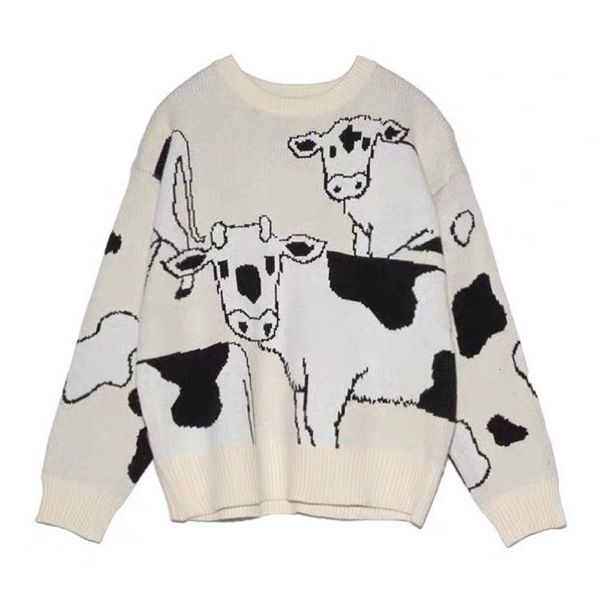 

2021 autumn women college style cute cow loose round neck knitted harajuku cartoon animal sweater f0kl, White;black