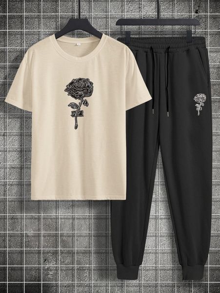 

romwe guys floral print tee & drawstring sweatpants z4uy#, Gray