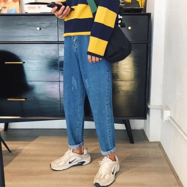 

men's jeans 2021 men's personality temperament wild cotton loose fashion youth retro solid color simple straight jeans1, Blue