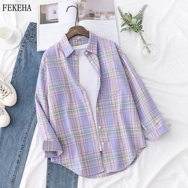 

autumn plaid shirts womens blouses and long sleeve loose checked female clothes outwear winter1, White
