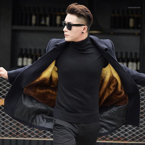 

men's wool & blends autumn and winter casual coat father's middle aged woolen male golden rex fur inner liner cashmere1, Black