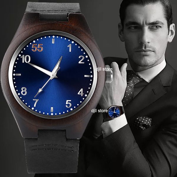 

natural black sandalwood wood watch for men mens quartz wooden case wristwatch male real wood wrist watches brown leather casual clock reloj, Slivery;brown